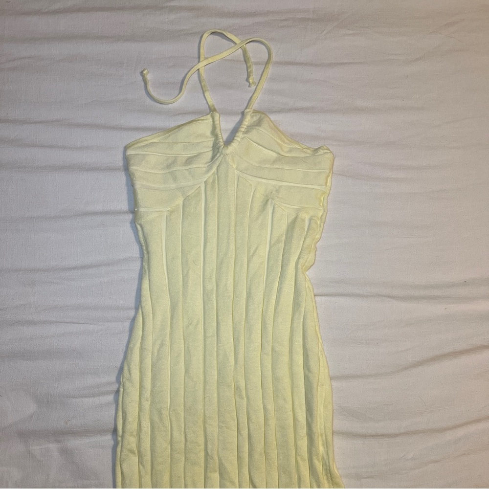 Pastel yellow neck tie mini dress ribbed